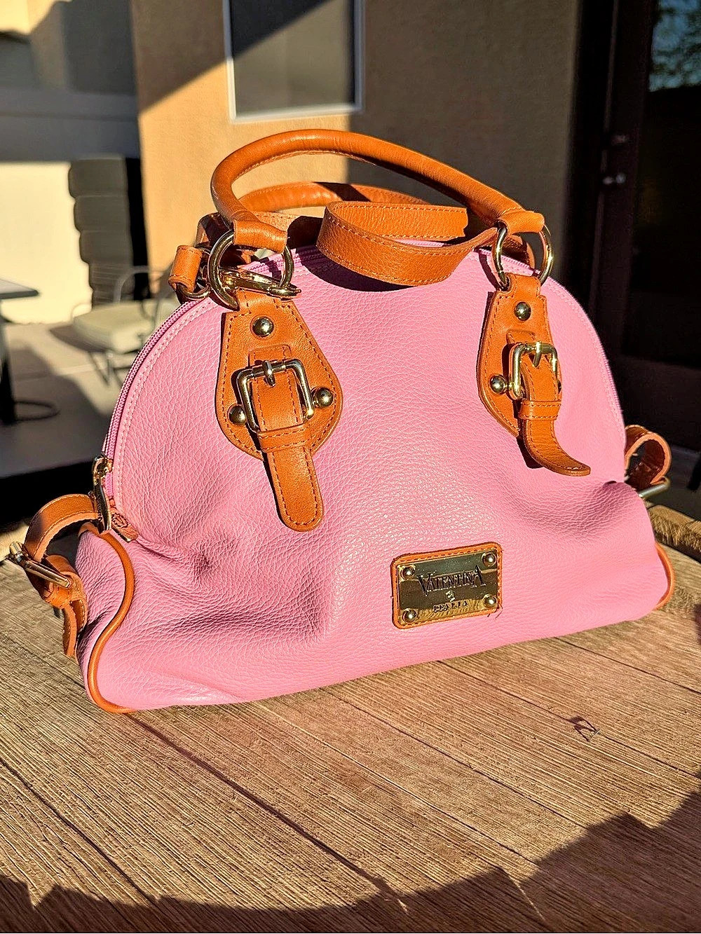 Valentina Italy Pink & Tan Pebbled Leather Satchel Bag